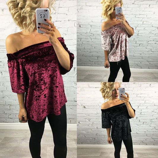 Fashion Elastic Off Shoulder Short Sleeve Velvet Blouse