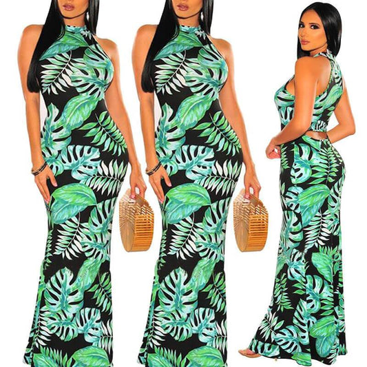 Leaves Printed Long Beach Dress