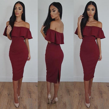 Clearance Off Shoulder Ruffle Solid Sheath Knee-length Dress