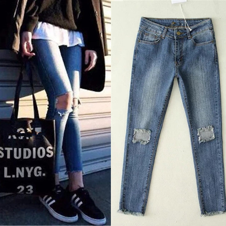 High Waist 9/10 Ripped Big Holes Pencil Blue Jeans