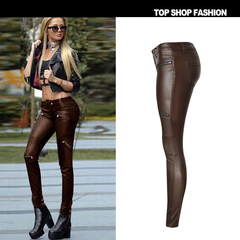 Solid Color PU Low Waist Zipper Long Skinny Pants