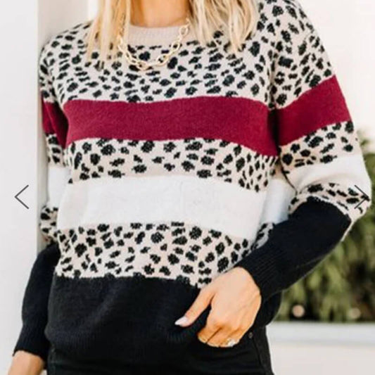 Leopard Patchwork Crew Neck Sweater