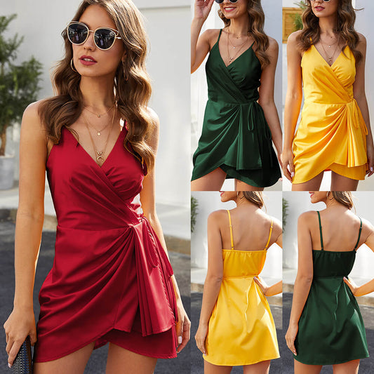 Satin V Neck Sling Short Wrap Dress