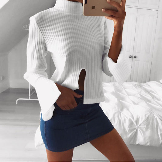 High Neck Stretchy Ribbed-Knit Split Long Sleeve Blouse