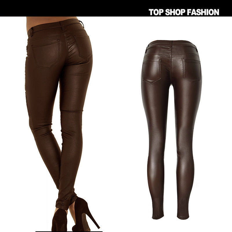 Solid Color PU Low Waist Zipper Long Skinny Pants