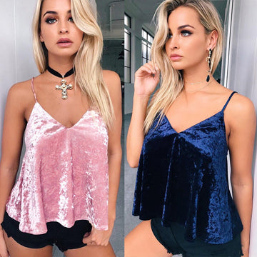 Sexy Adjustable Spaghetti Strap Velvet Backless Vest Blouse