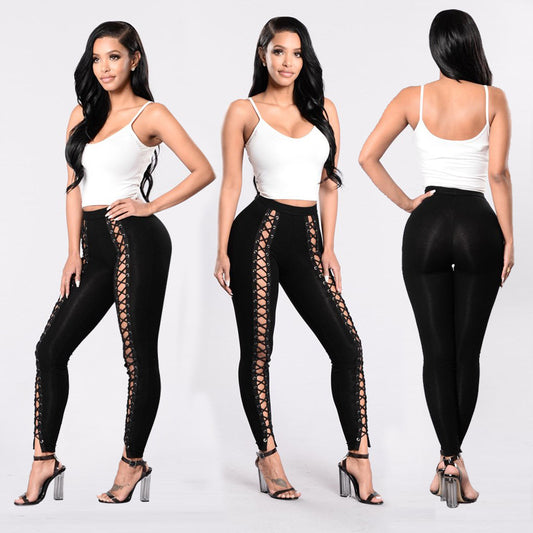 Sports Pure Color Hollow Out Straps Bandage Slim Long Leggings Pants