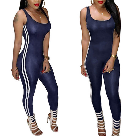 Stripe Onepiece Backless Skinny Sport Jumpsuits