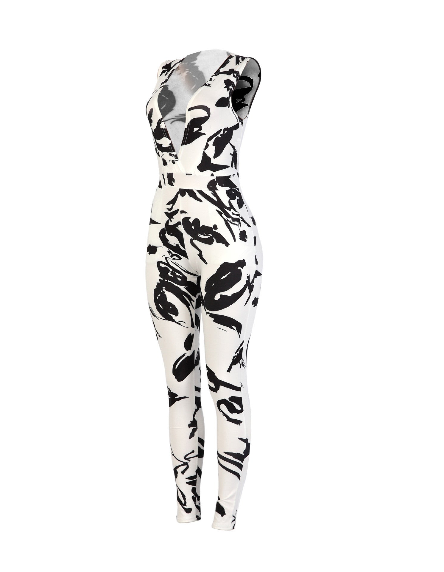 Deep V-neck Sleeveless Print Long Slim Jumpsuit