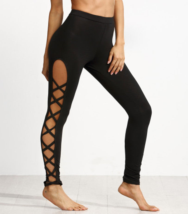 High Waist Straps Cross Hollow Out Long Skinny Pants Leggings