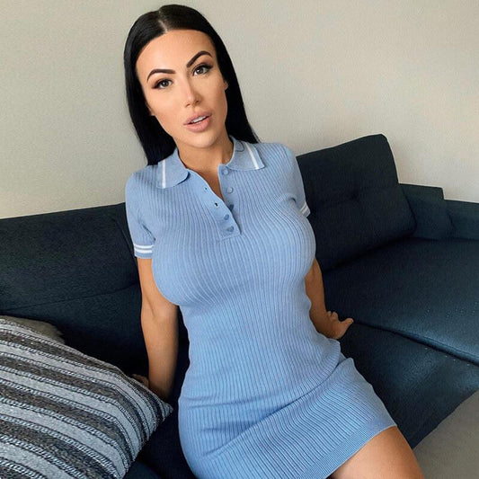 Tight Polo Neck Ribbed Short Dress