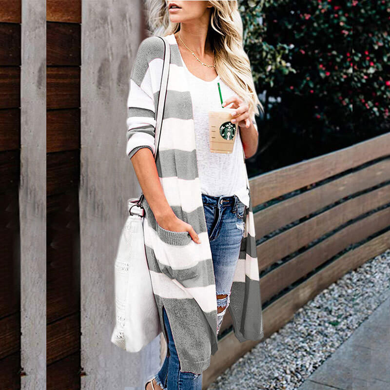 Striped Slits Long Cardigan