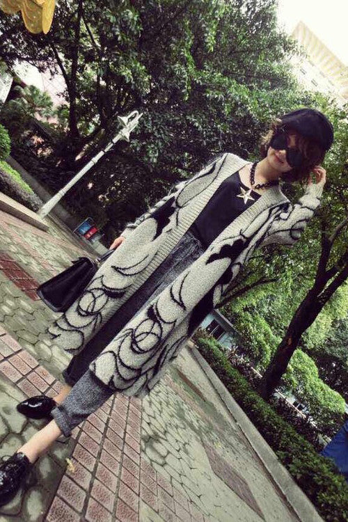 Print Long Sleeves V-neck Long Cardigan