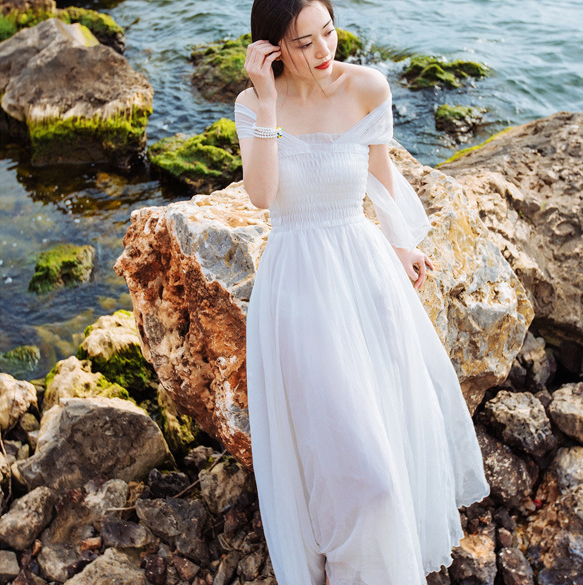 Bohemian Off-shoulder Backless White Elegant Short sleeves Long Dresses - Meet Yours Fashion - 1