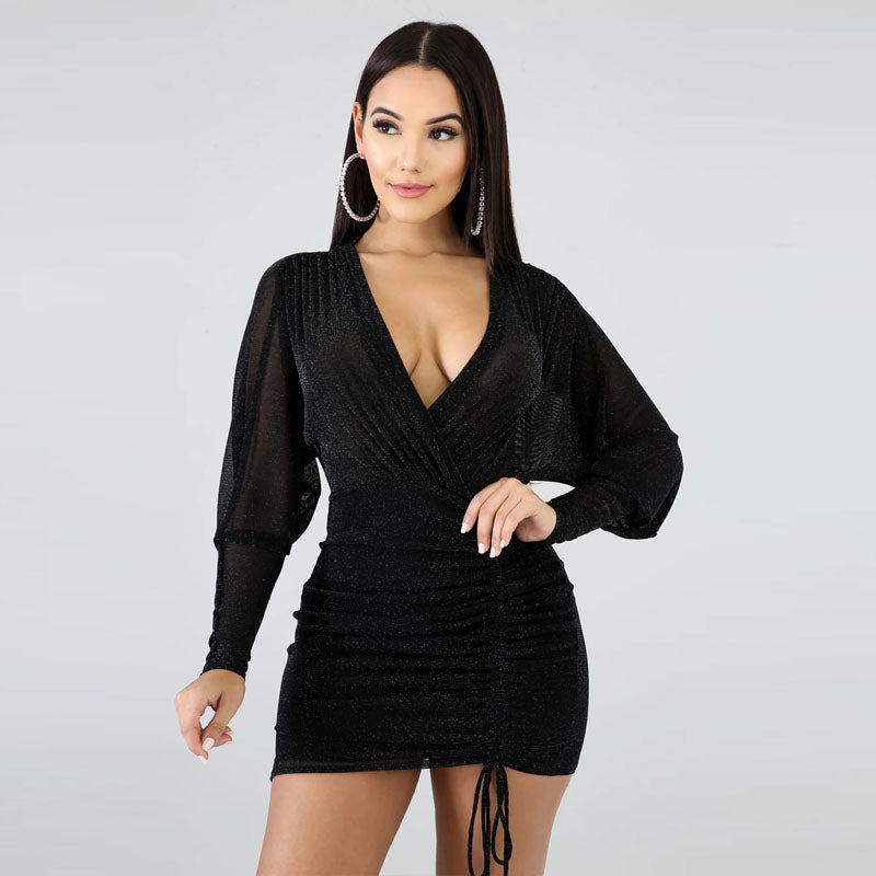 V Neck Long Sleeve Frills Wrap Dress