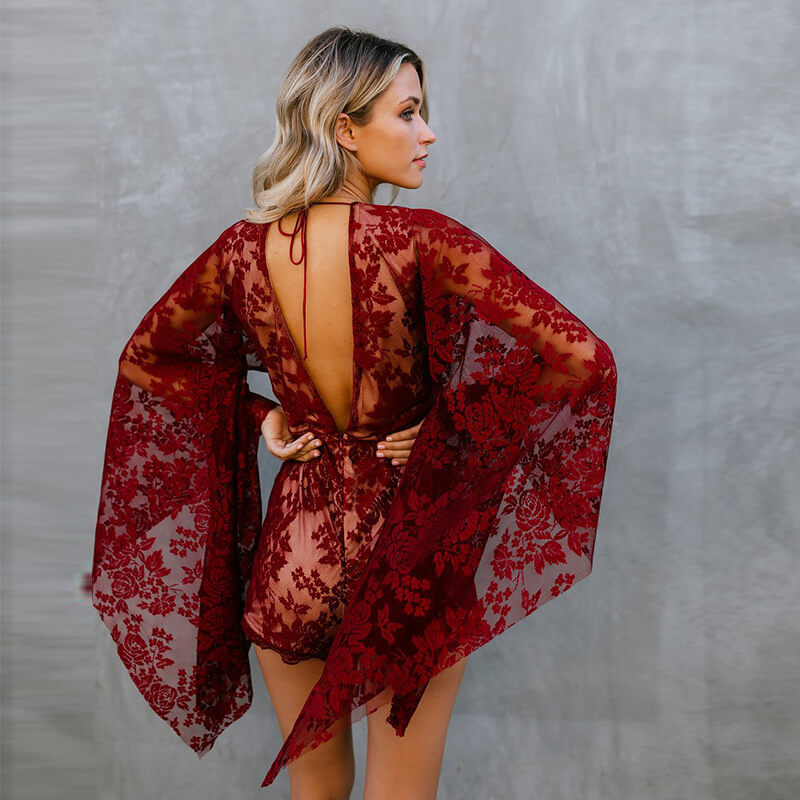 Deep V neck Lace Bell Sleeves Rompers