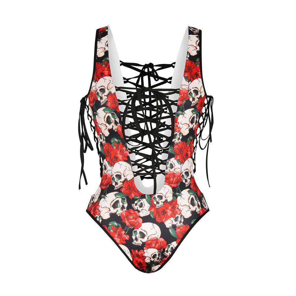 Skull Print Strappy Hollow Out One Piece Swimwear