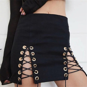 Pure Color Split Hollow Out Bodycon Slim Short Skirt