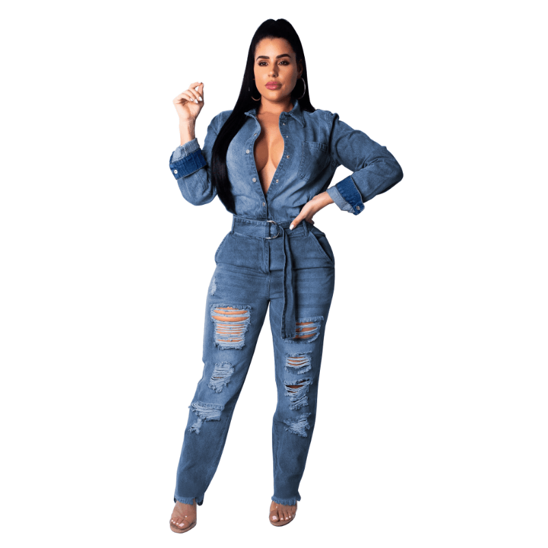 Long Sleeve Hollow Out Shirt Collar Pocket Belted Denim Jumpsuit