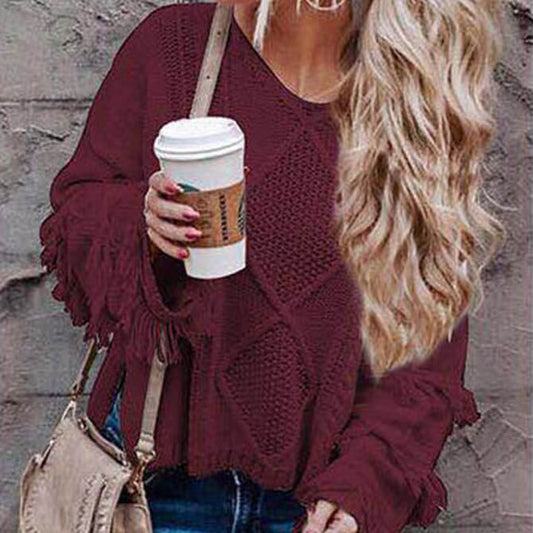 Fashion V Neck Fringe Pattern Knitting Sweater