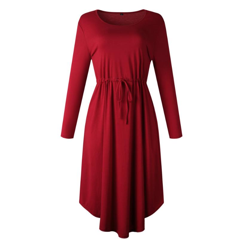 OL Tie Waist Pure Color Midi Dress