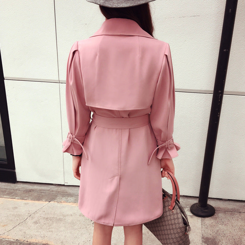 Lapel Strap Belt Bowknot Long Lantern Sleeves Slim Long Coat