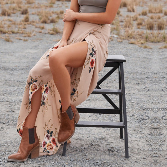 Fashion Bohemian Flower Print Split ends Flare Maxi Skirt