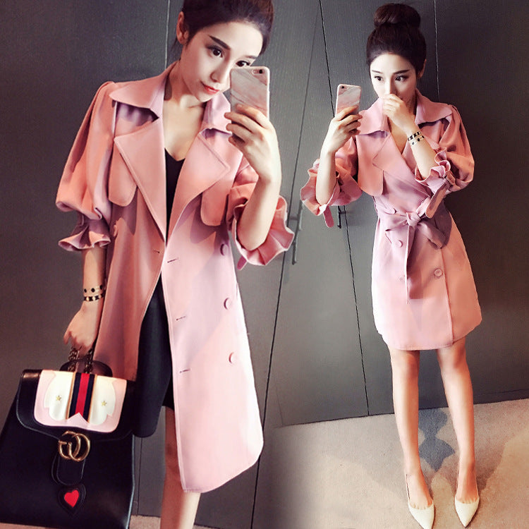 Lapel Strap Belt Bowknot Long Lantern Sleeves Slim Long Coat