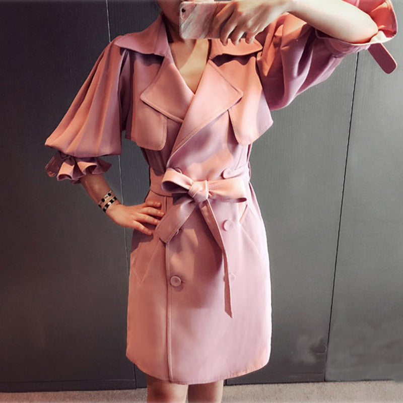 Lapel Strap Belt Bowknot Long Lantern Sleeves Slim Long Coat