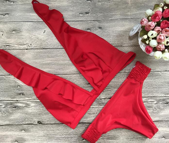 Solid Color Falbala Low Waist Bikini Set