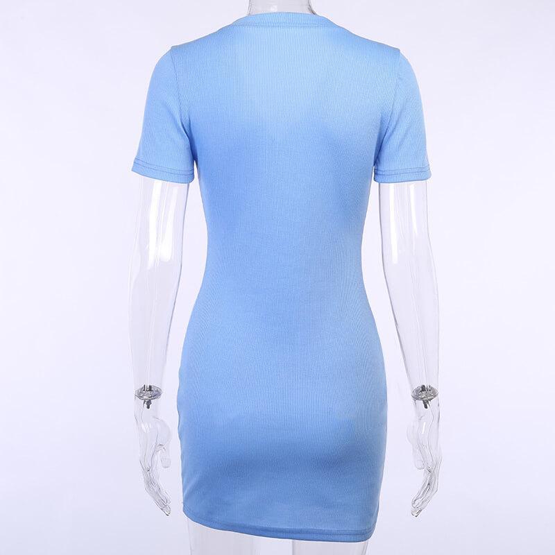 Sky Blue Ribbed Button Bodycon Short Dress