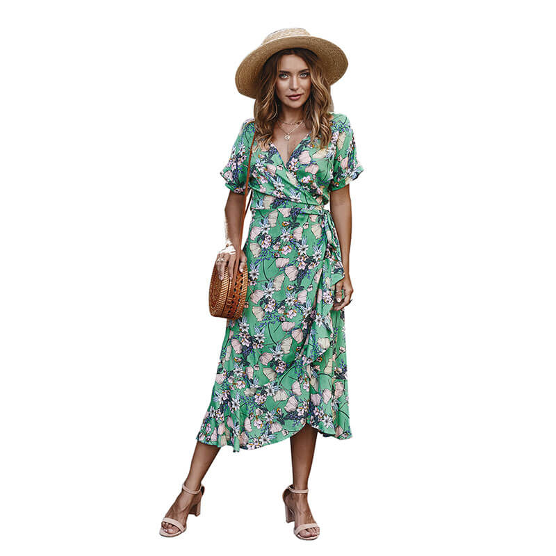 V Neck Floral Beach Midi Wrap Dress