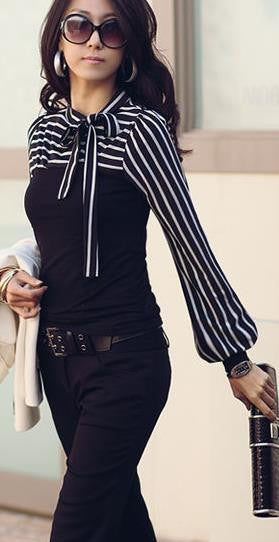 Plus Size High Neck Long Sleeves Striped Patchwork Slim Blouse