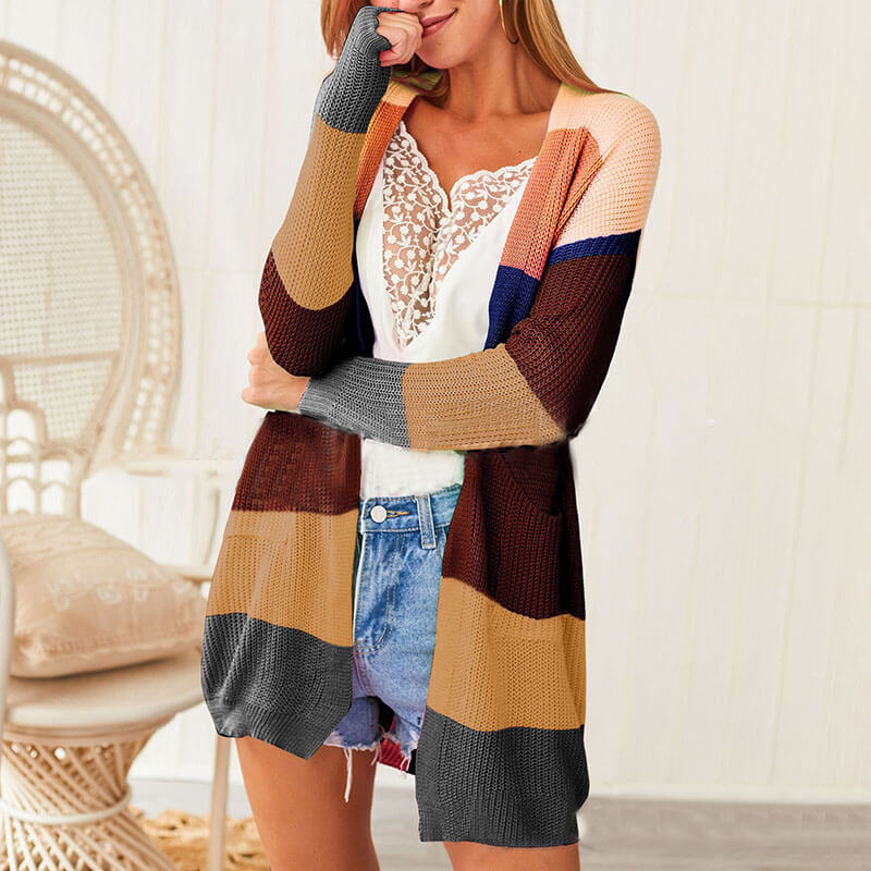 Colorblock Reinbow Open Front Cardigan