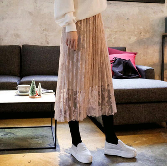 Lace Pleated Medium Style A-line Skirts