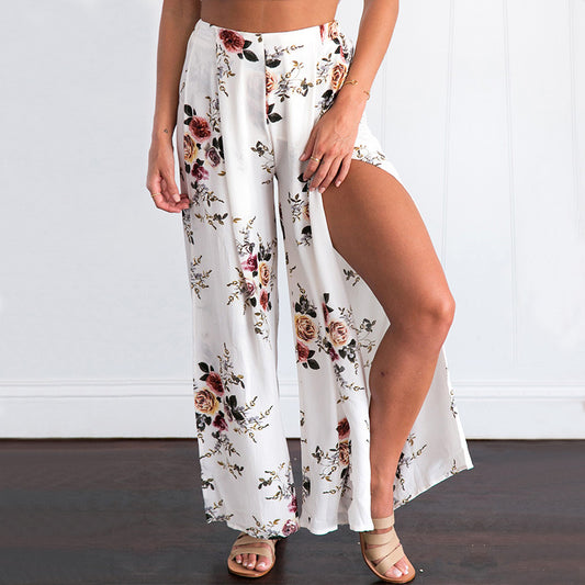 Flower Print Split High Waist Split Wide-Leg Loose Beach Pants