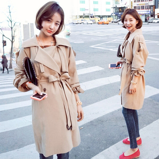 Lapel Collar Strap Belt Bowknot Loose Long Coat