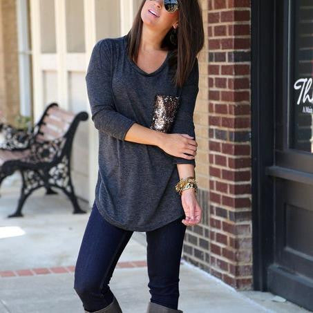 Scoop Sequins Pocket Long Sleeves Long Blouse