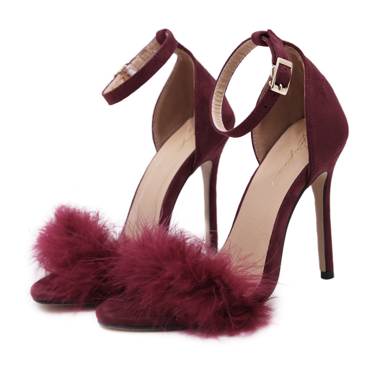 Stiletto PU Heel Peep-toe Fur Decorate Ankle Strap Sandals