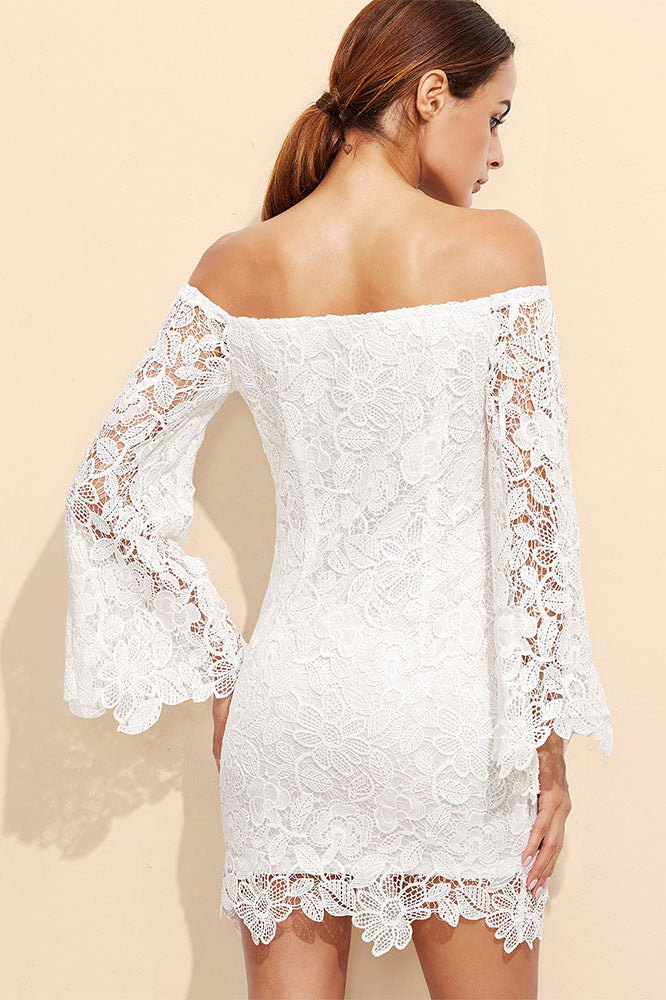 Off Shoulder Long Trumpet Sleeves Short Lace Dress