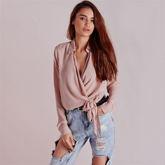 Summer Tying V-neck Sexy Long Sleeve Blouse