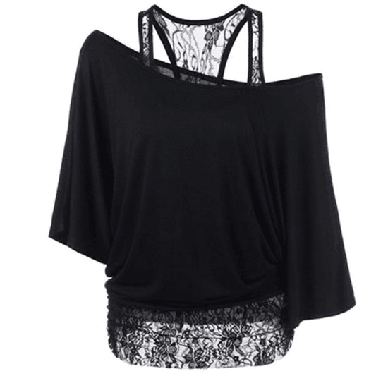 One Shoulder Batwing Sleeves Blouse with Lace Tank Top