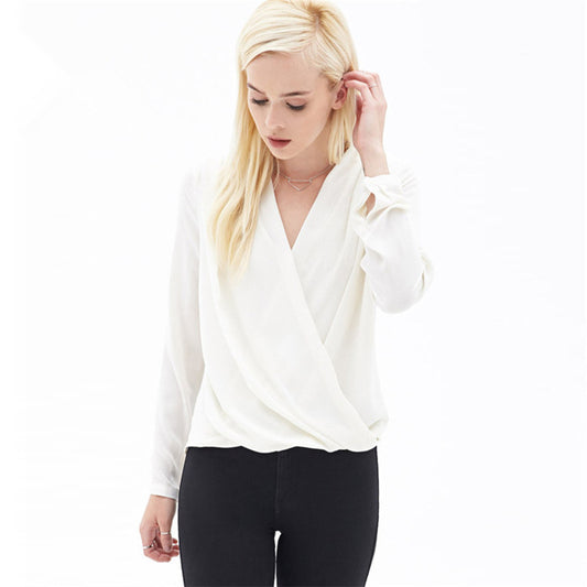 Fashion Simple V-neck Pure Color Long Sleeve Blouse