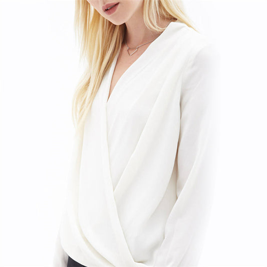 Fashion Simple V-neck Pure Color Long Sleeve Blouse