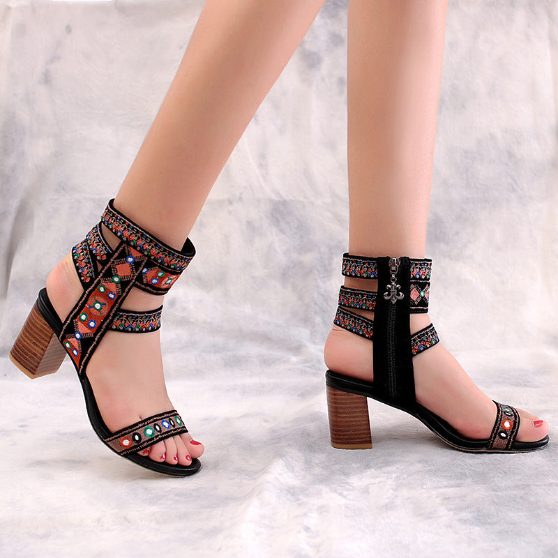 Hand Wave Embroidery Middle Chunky Heel Open Toe Sandals