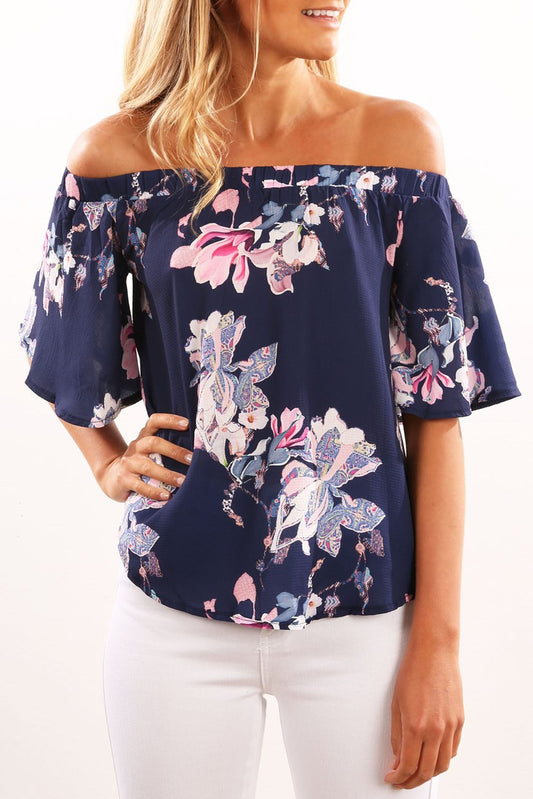 Off Shoulder Print Trumpet Sleeves Irregular Blouse