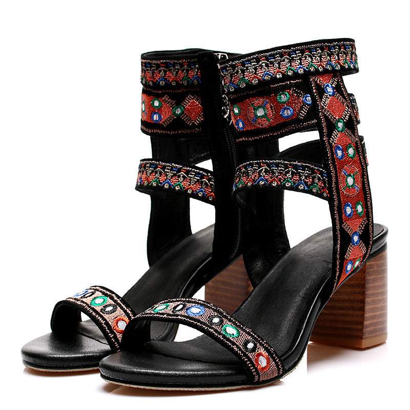 Hand Wave Embroidery Middle Chunky Heel Open Toe Sandals