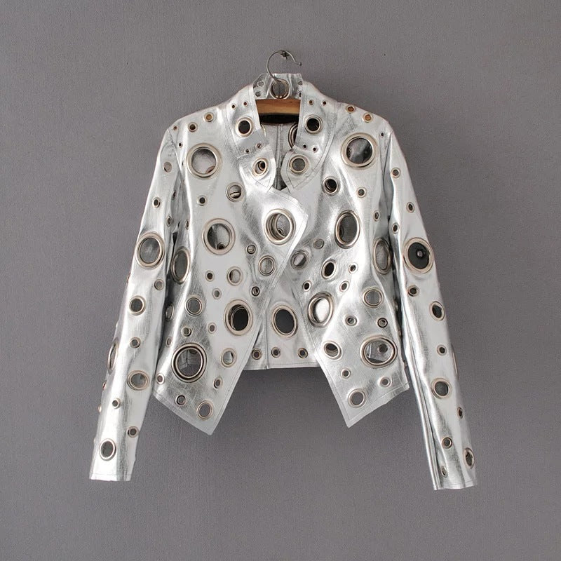 Pure Color Hollow Out Metal Decoration PU Jacket