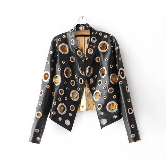 Pure Color Hollow Out Metal Decoration PU Jacket