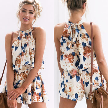 Flower Print Ruffles Loose Crop Top with Wide-Legs Shorts Two Pieces Set